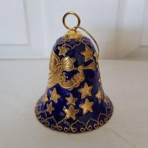 Vintage Enamel Cloisonné Bell Christmas Ornament 3" Tall Cobalt/Gold/Teal
